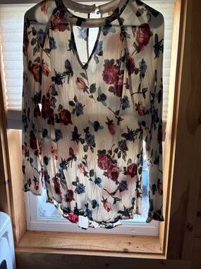 Kori Cream Sheer Floral Keyhole Blouse with Red and Blue Flowers